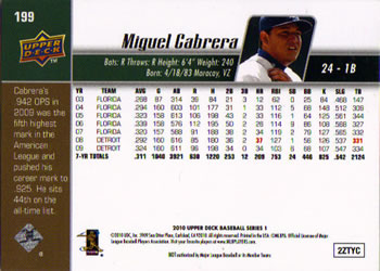 2010 Upper Deck #199 Miguel Cabrera Back