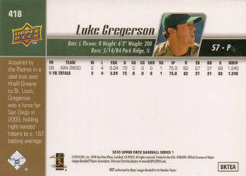 2010 Upper Deck #418 Luke Gregerson Back