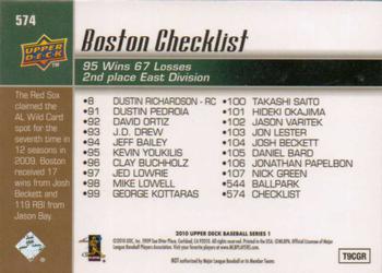 2010 Upper Deck #574 Red Sox Checklist (Dustin Pedroia / Josh Beckett) Back