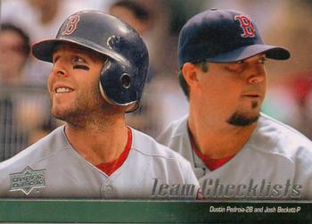 2010 Upper Deck #574 Red Sox Checklist (Dustin Pedroia / Josh Beckett) Front
