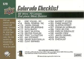 2010 Upper Deck #579 Rockies Checklist (Troy Tulowitzki / Todd Helton) Back