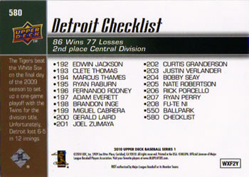2010 Upper Deck #580 Tigers Checklist (Curtis Granderson / Justin Verlander) Back