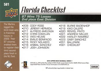 2010 Upper Deck #581 Marlins Checklist (Hanley Ramirez / Josh Johnson) Back