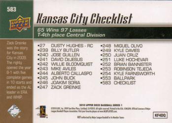 2010 Upper Deck #583 Royals Checklist (Zack Greinke / Joakim Soria) Back