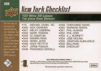 2010 Upper Deck #589 Yankees Checklist (Derek Jeter / Mariano Rivera) Back