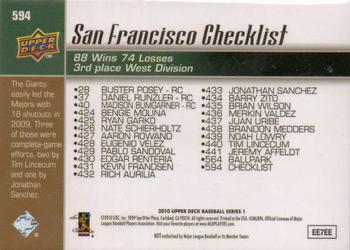 2010 Upper Deck #594 Giants Checklist (Tim Lincecum / Pablo Sandoval) Back