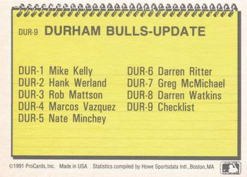 1991 ProCards Durham Bulls Update #DUR-9 Checklist Back