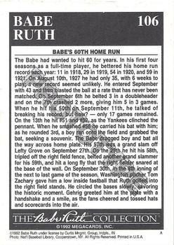 1992 Megacards Babe Ruth - Prototyes #106 Babe's 60th Home Run Back