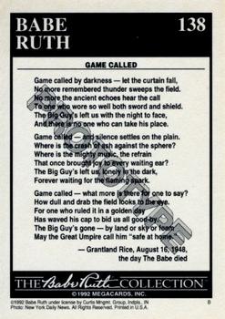 1992 Megacards Babe Ruth - Prototyes #138 Remembered By Grantland Rice Back