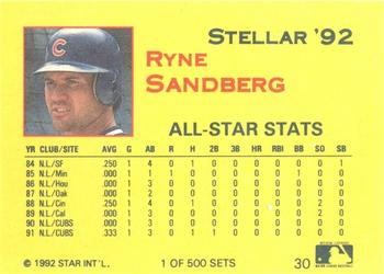 1992 Star Stellar #30 Ryne Sandberg Back