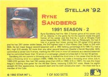 1992 Star Stellar #32 Ryne Sandberg Back