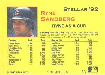 1992 Star Stellar #33 Ryne Sandberg Back