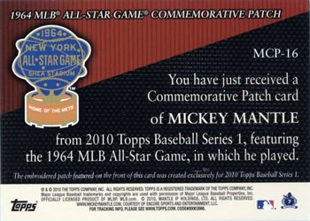 2010 Topps - Manufactured Commemorative Patch #MCP-16 Mickey Mantle Back