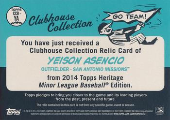 2014 Topps Heritage Minor League - Clubhouse Collection Relics #CCR-YA Yeison Asencio Back