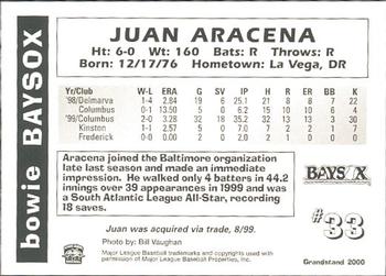 2000 Grandstand Bowie Baysox #NNO Juan Aracena Back