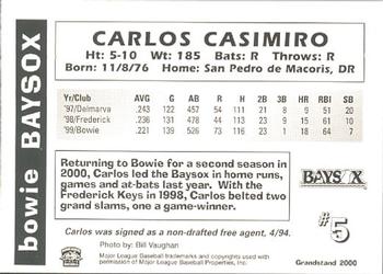 2000 Grandstand Bowie Baysox #NNO Carlos Casimiro Back