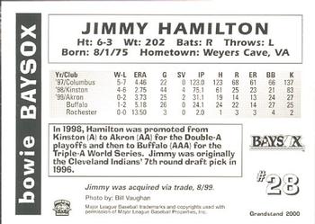 2000 Grandstand Bowie Baysox #NNO Jimmy Hamilton Back