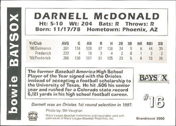 2000 Grandstand Bowie Baysox #NNO Darnell McDonald Back