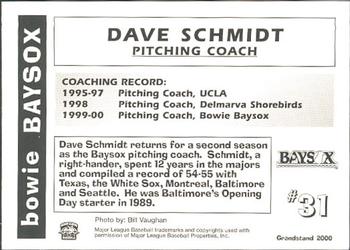 2000 Grandstand Bowie Baysox #NNO Dave Schmidt Back