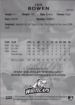 2009 Choice West Michigan Whitecaps #2 Joe Bowen Back