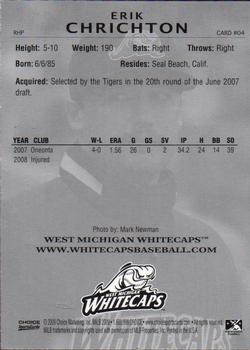2009 Choice West Michigan Whitecaps #4 Erik Chrichton Back