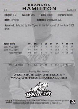 2009 Choice West Michigan Whitecaps #10 Brandon Hamilton Back