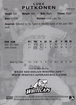 2009 Choice West Michigan Whitecaps #18 Luke Putkonen Back