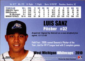 2010 Grandstand West Michigan Whitecaps #NNO Luis Sanz Back