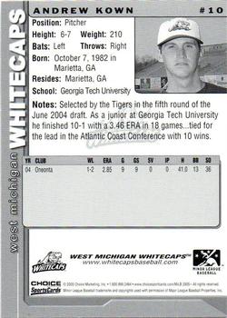 2005 Choice West Michigan Whitecaps #10 Andrew Kown Back
