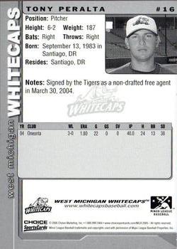 2005 Choice West Michigan Whitecaps #16 Tony Peralta Back