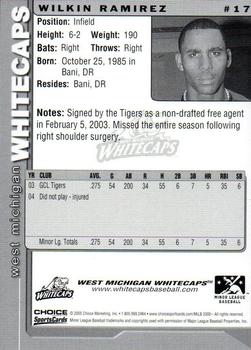 2005 Choice West Michigan Whitecaps #17 Wilkin Ramirez Back