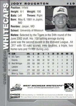 2005 Choice West Michigan Whitecaps #19 Jody Roughton Back