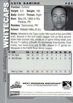 2005 Choice West Michigan Whitecaps #21 Luis Sabino Back
