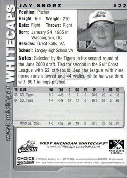 2005 Choice West Michigan Whitecaps #22 Jay Sborz Back