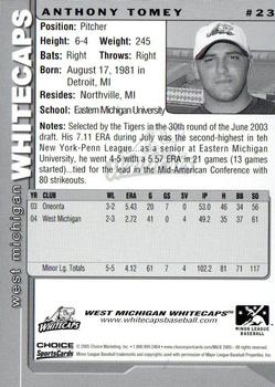 2005 Choice West Michigan Whitecaps #23 Anthony Tomey Back