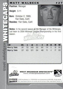 2005 Choice West Michigan Whitecaps #27 Matt Walbeck Back
