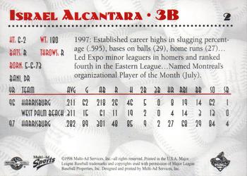 1998 Multi-Ad Reading Phillies #2 Israel Alcantara Back