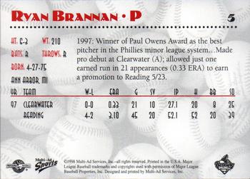 1998 Multi-Ad Reading Phillies #5 Ryan Brannan Back
