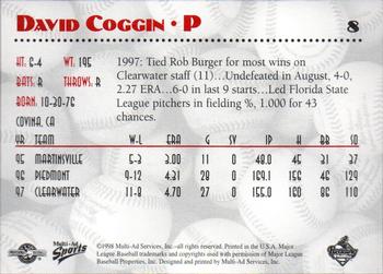 1998 Multi-Ad Reading Phillies #8 David Coggin Back