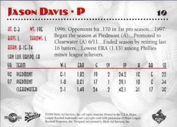 1998 Multi-Ad Reading Phillies #10 Jason Davis Back