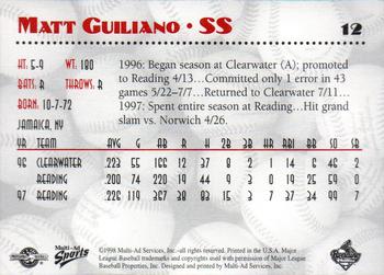 1998 Multi-Ad Reading Phillies #12 Matt Guiliano Back