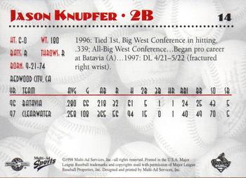 1998 Multi-Ad Reading Phillies #14 Jason Knupfer Back