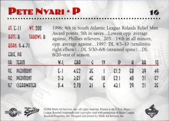 1998 Multi-Ad Reading Phillies #16 Pete Nyari Back