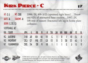 1998 Multi-Ad Reading Phillies #17 Kirk Pierce Back