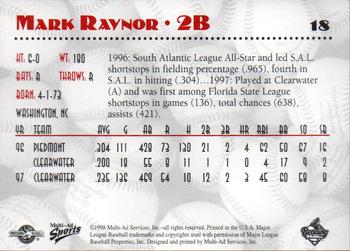 1998 Multi-Ad Reading Phillies #18 Mark Raynor Back