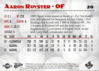 1998 Multi-Ad Reading Phillies #20 Aaron Royster Back