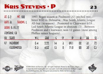 1998 Multi-Ad Reading Phillies #23 Kris Stevens Back