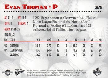 1998 Multi-Ad Reading Phillies #25 Evan Thomas Back