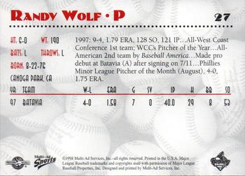 1998 Multi-Ad Reading Phillies #27 Randy Wolf Back