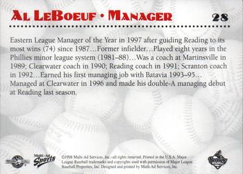 1998 Multi-Ad Reading Phillies #28 Al LeBoeuf Back